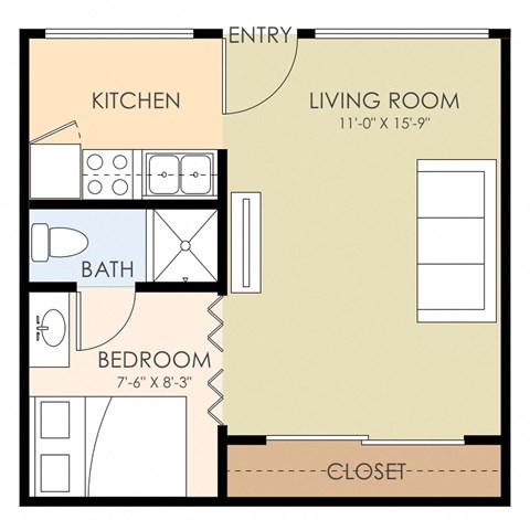 Floor plan for 1 bed, 1 bath, 510 sqft
